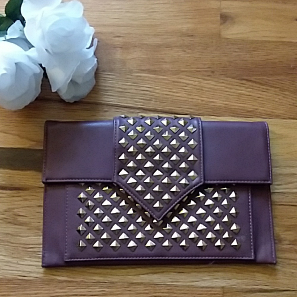 MMS Design Studio Burgundy Envelope Clutch with Gold Pyramid Studs - Picture 1 of 15